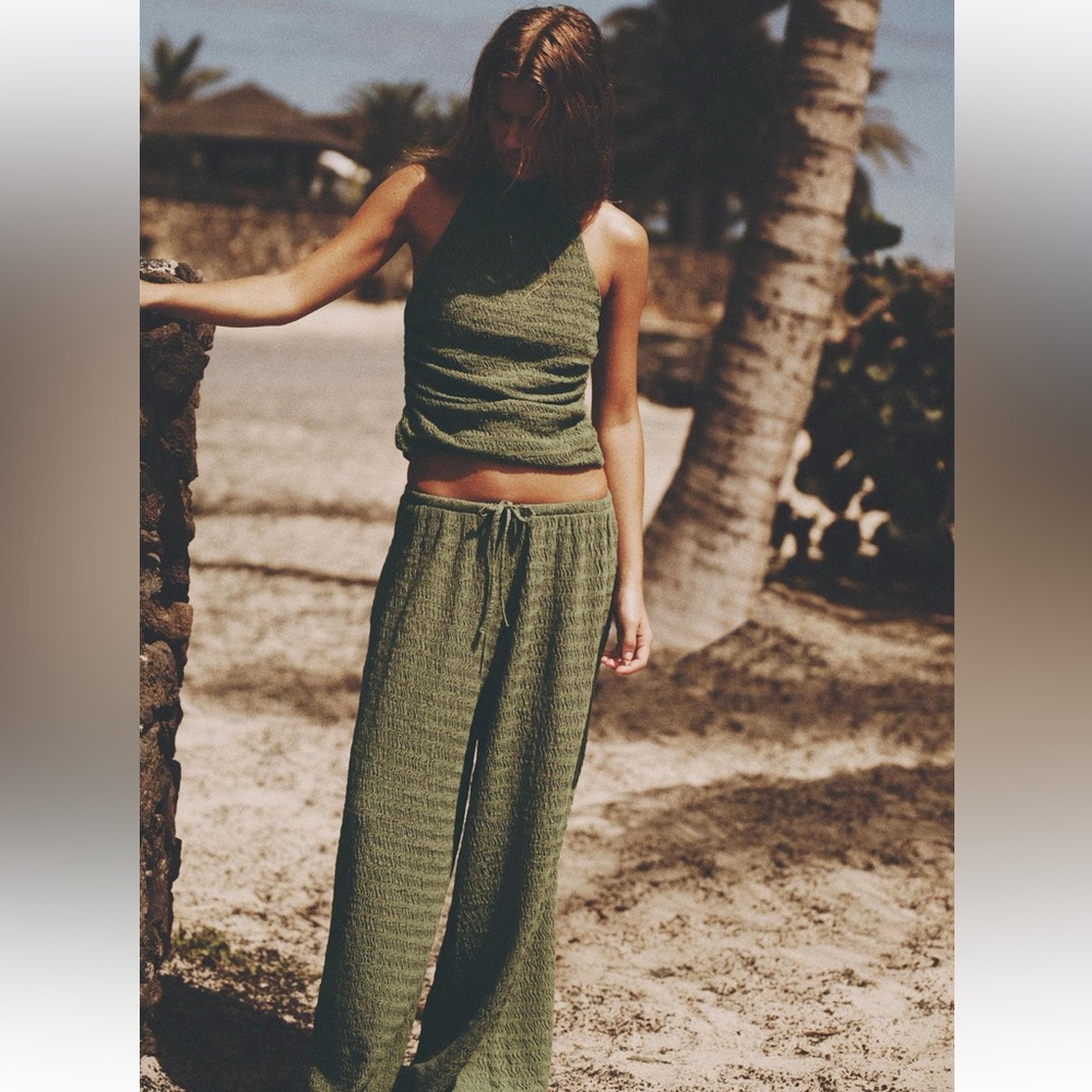 Zara Olive Green Knit Halter Top and Pant Set